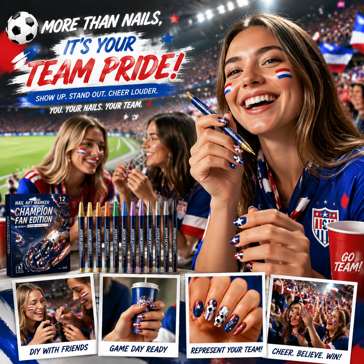 ⚽🏆 Game Day Nail Art Marker Set – 12 Vibrant Colors for Eye-Catching Fan Nails ✨
