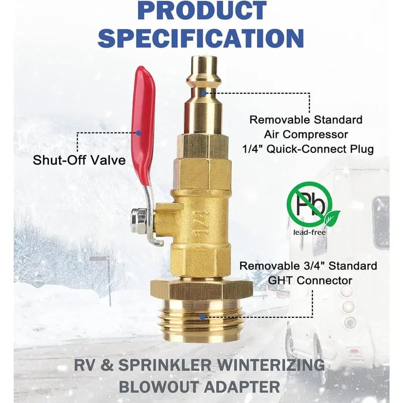 ❄️ Lead-Free Brass RV Winterizing Blowout Adapter Kit with Shut Off Ball Valve