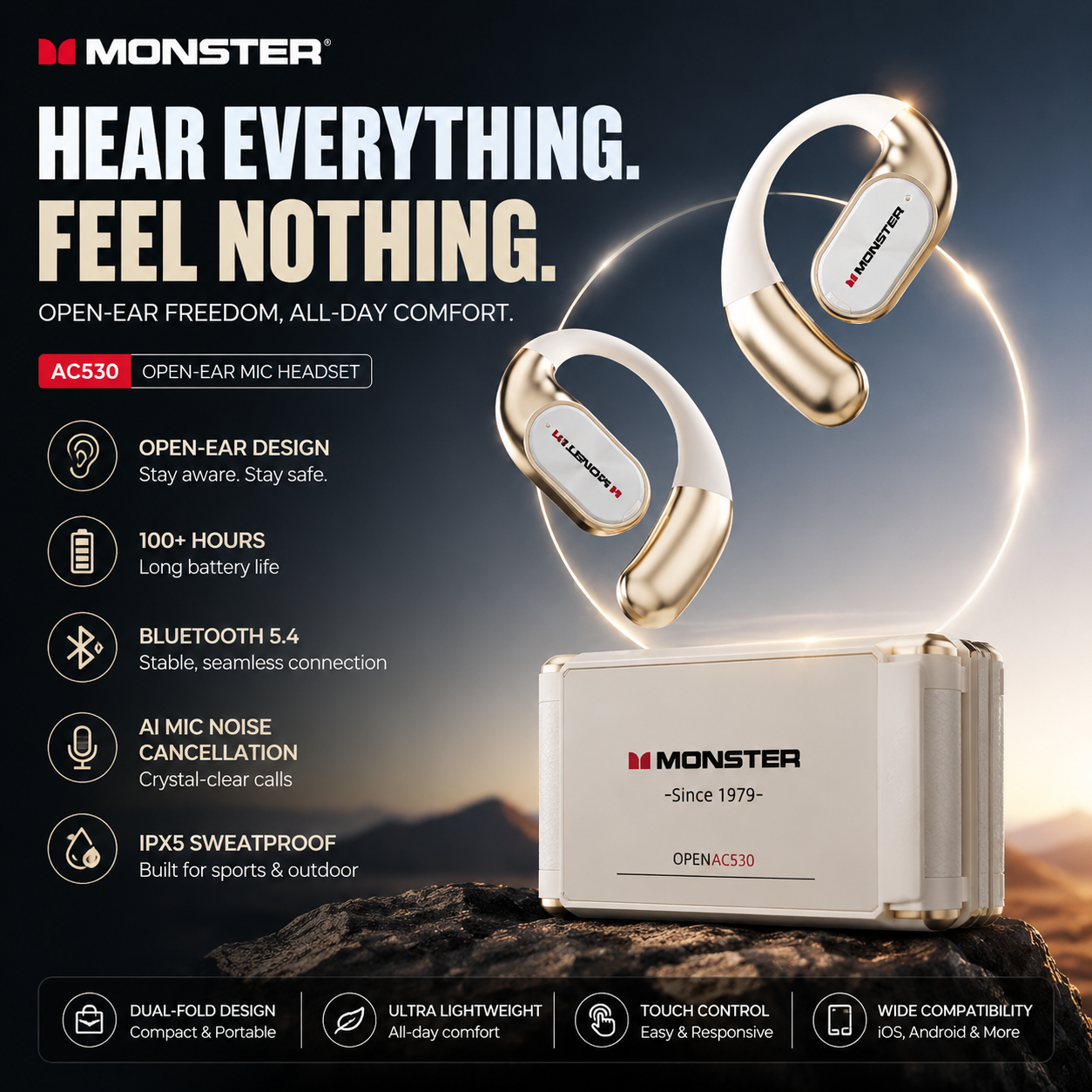 🎧 Monster AC530 Open-Ear Headset | 165H Battery, Bluetooth 6.0, Ultra Comfort Wireless Earbuds