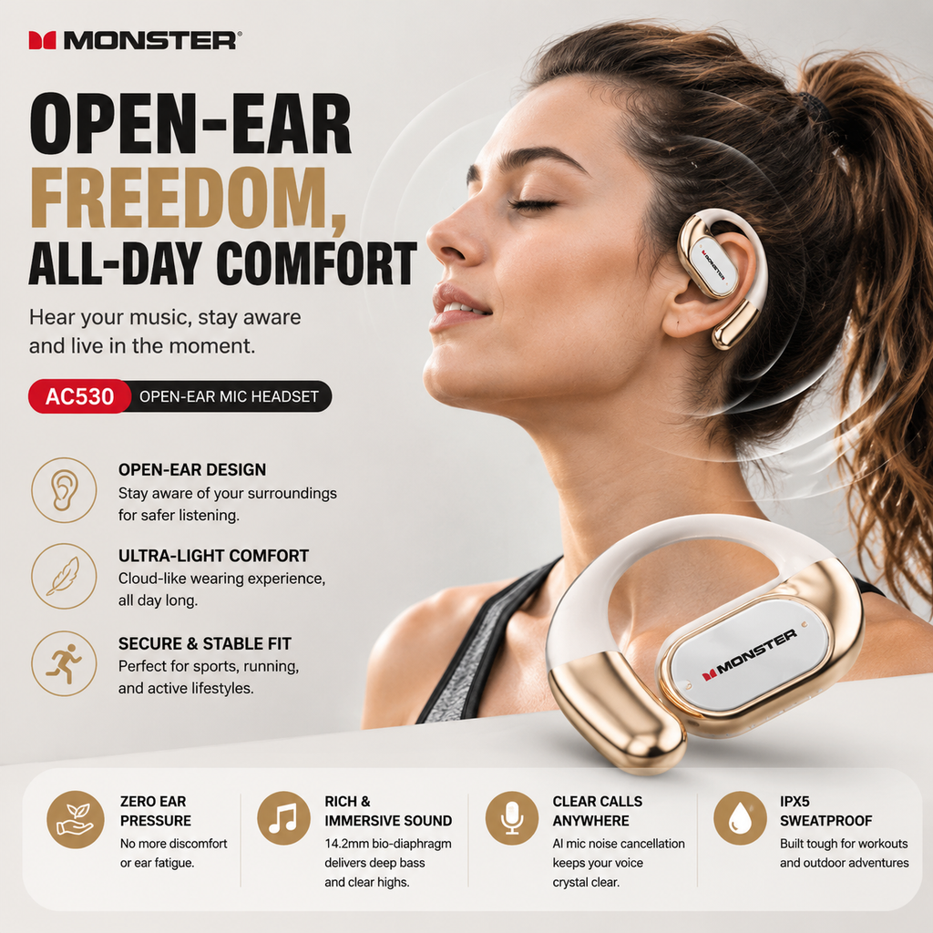 🎧 Monster AC530 Open-Ear Headset | 165H Battery, Bluetooth 6.0, Ultra Comfort Wireless Earbuds
