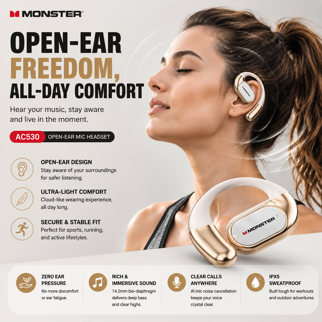 🎧 Monster AC530 Open-Ear Headset | 165H Battery, Bluetooth 6.0, Ultra Comfort Wireless Earbuds
