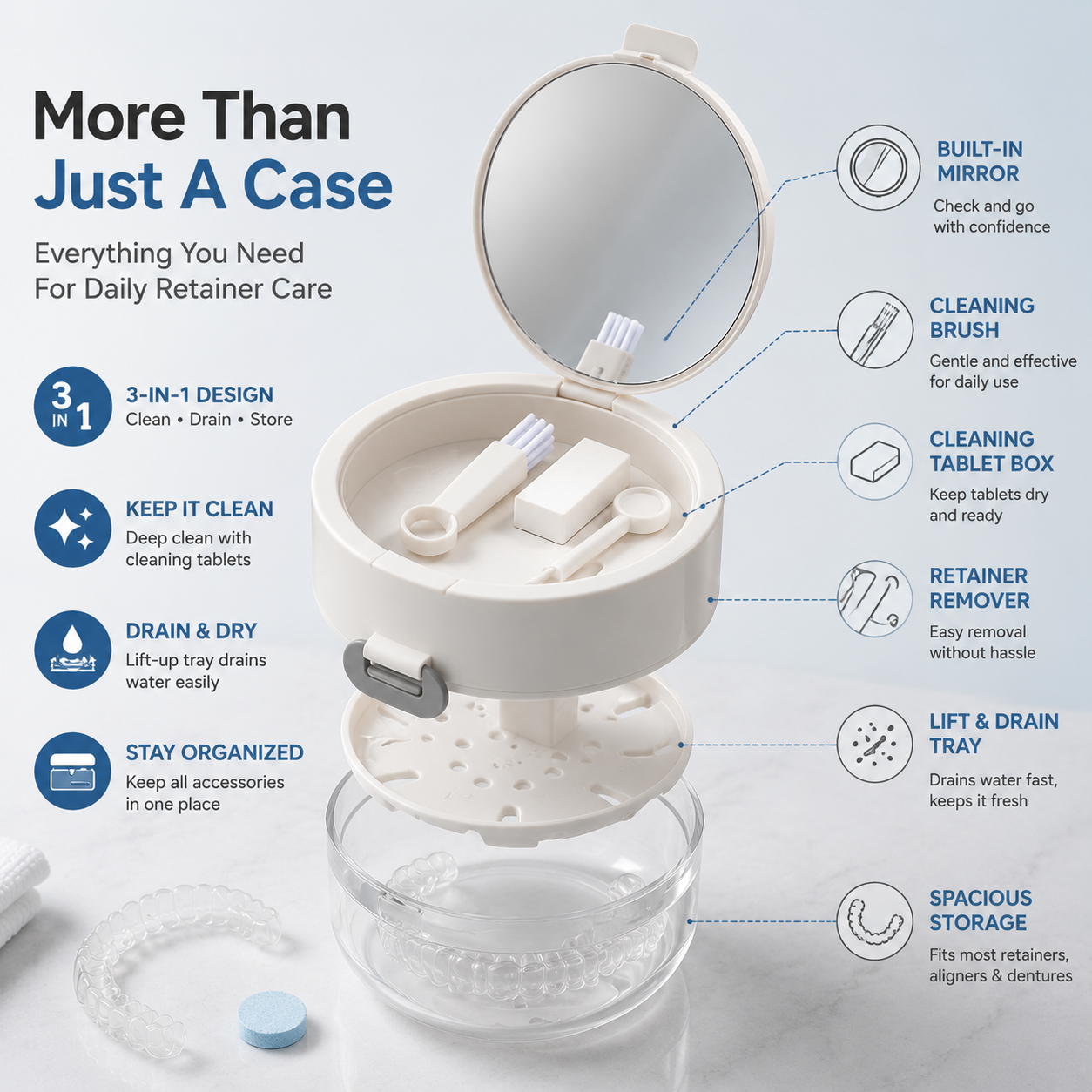 Retainer Cleaner Case with Mirror, Brush & Drain Tray