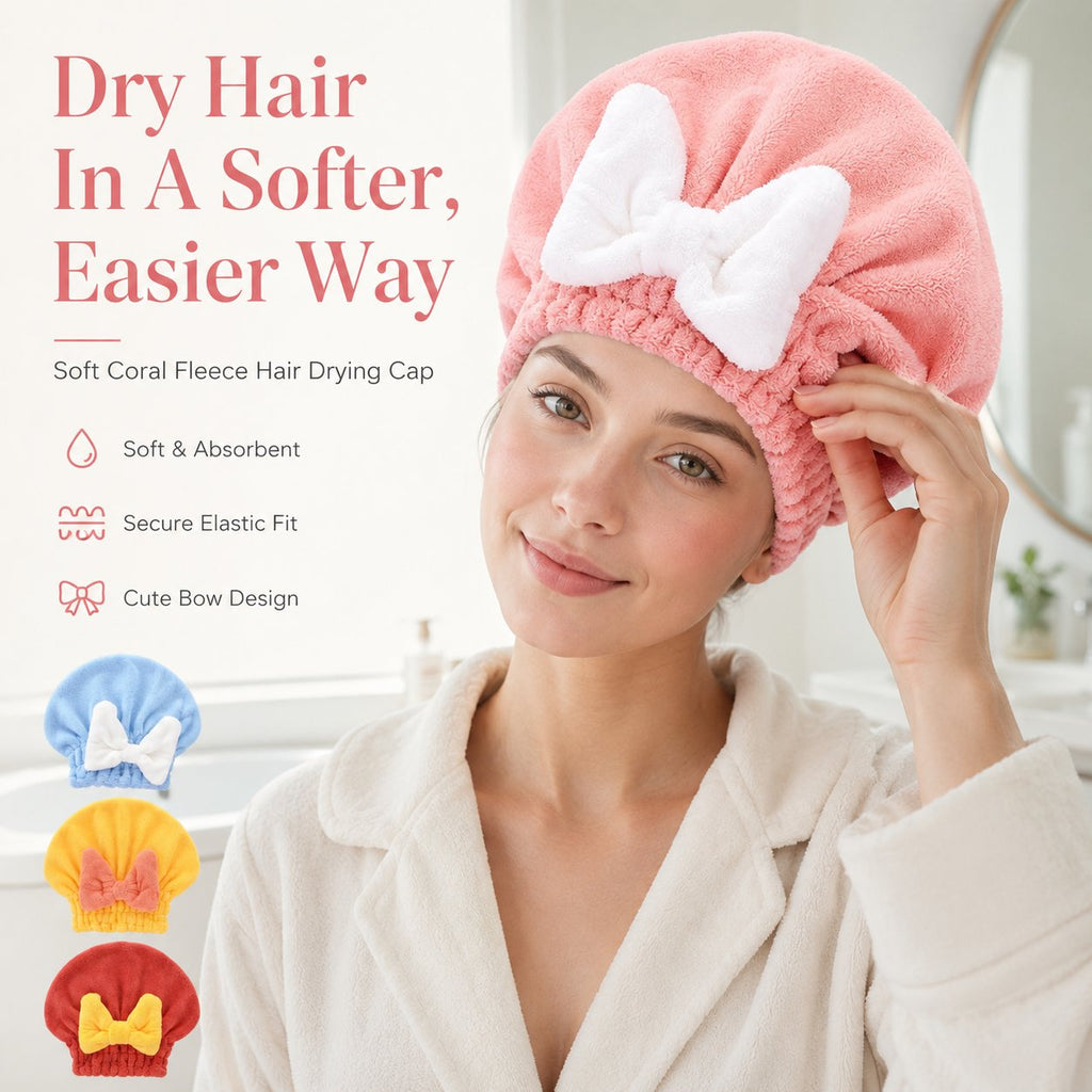 Soft Coral Fleece Hair Drying Cap With Cute Bow🎀