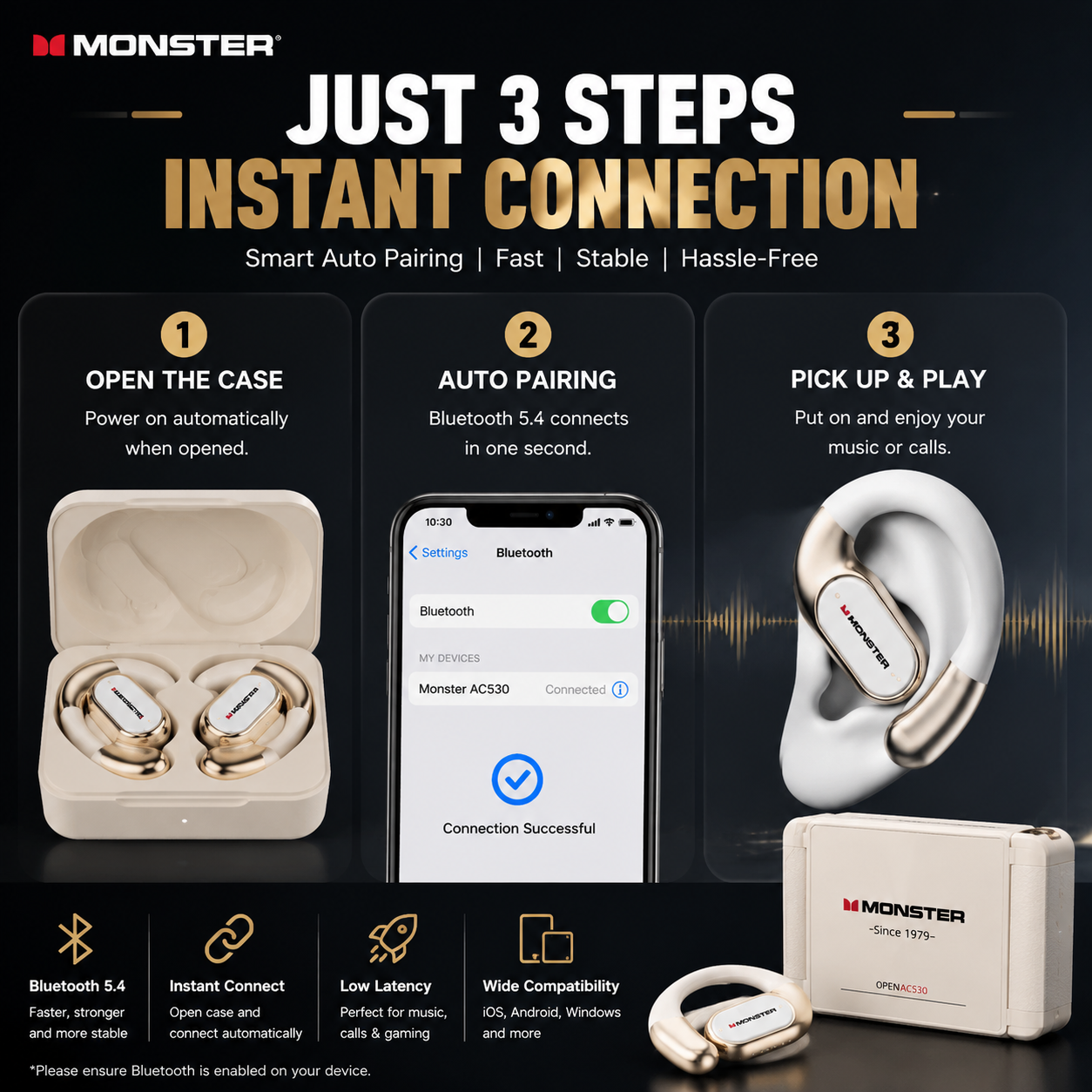 🎧 Monster AC530 Open-Ear Headset | 165H Battery, Bluetooth 6.0, Ultra Comfort Wireless Earbuds