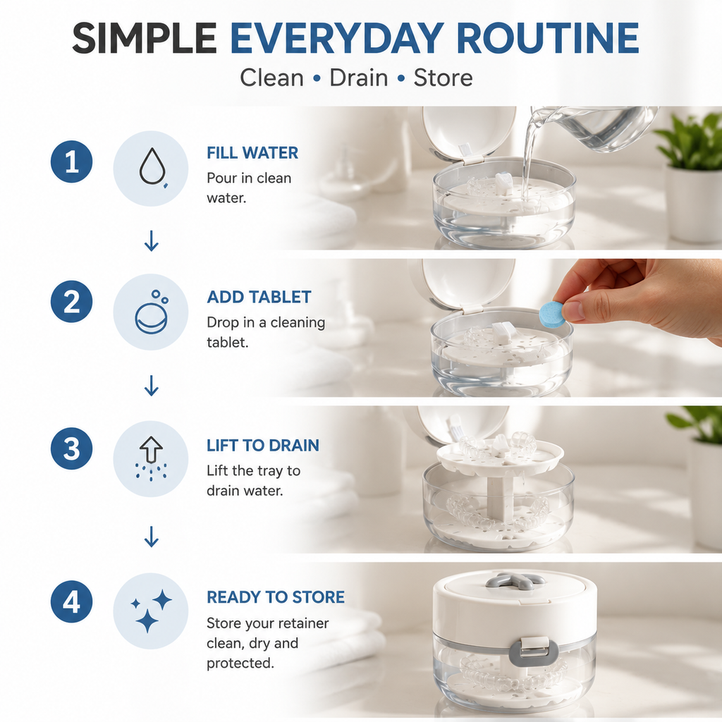 Retainer Cleaner Case with Mirror, Brush & Drain Tray