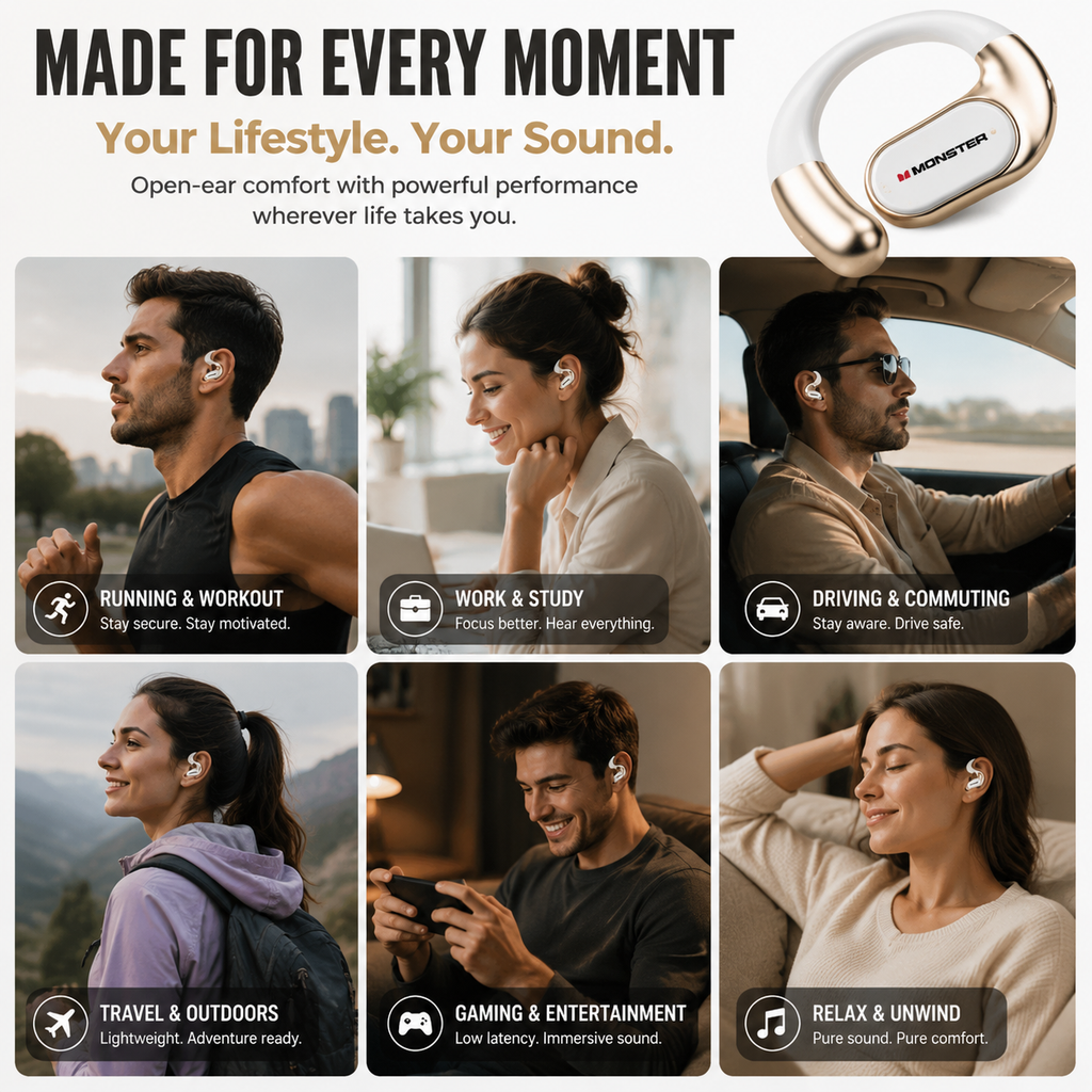 🎧 Monster AC530 Open-Ear Headset | 165H Battery, Bluetooth 6.0, Ultra Comfort Wireless Earbuds
