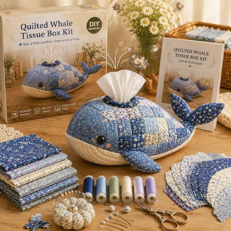 ✨Beginner-Friendly🧵Quilted sea Animal Tissue Box DIY Kit💖