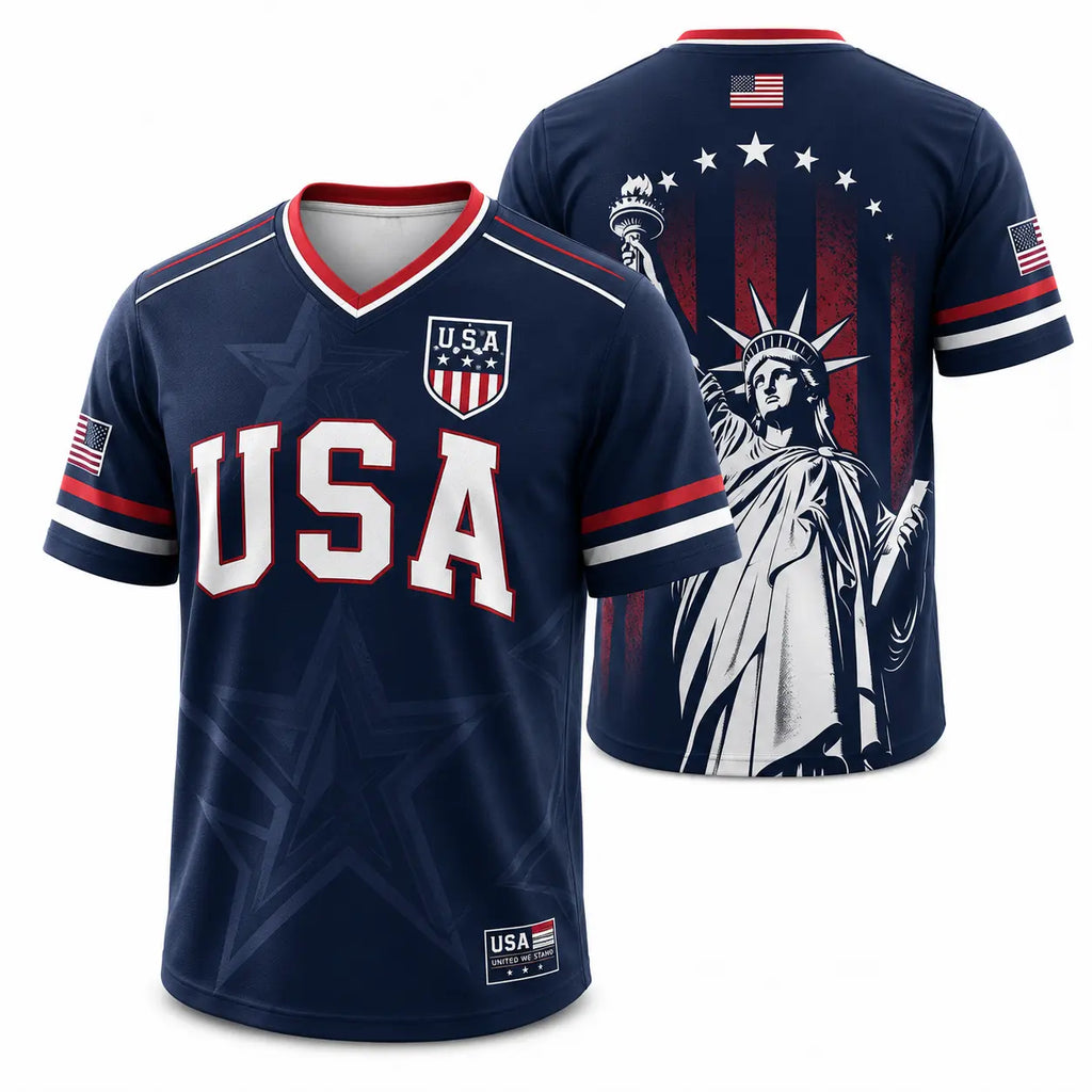 🇺🇸 USA Liberty Soccer Jersey – Patriotic American Flag V-Neck Football Shirt | Red White Blue Statue of Liberty Fan Jersey for Men & Women