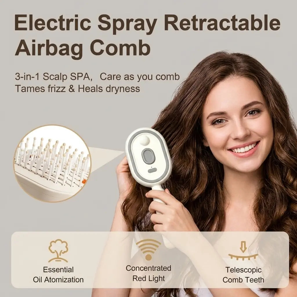 Electric Spray Air Cushion Massage Comb – Self-Cleaning, Anti-Tangle, Anti-Static, Volumizing Hair Brush with Essential Oil Mist Aromatherapy for Hair Care
