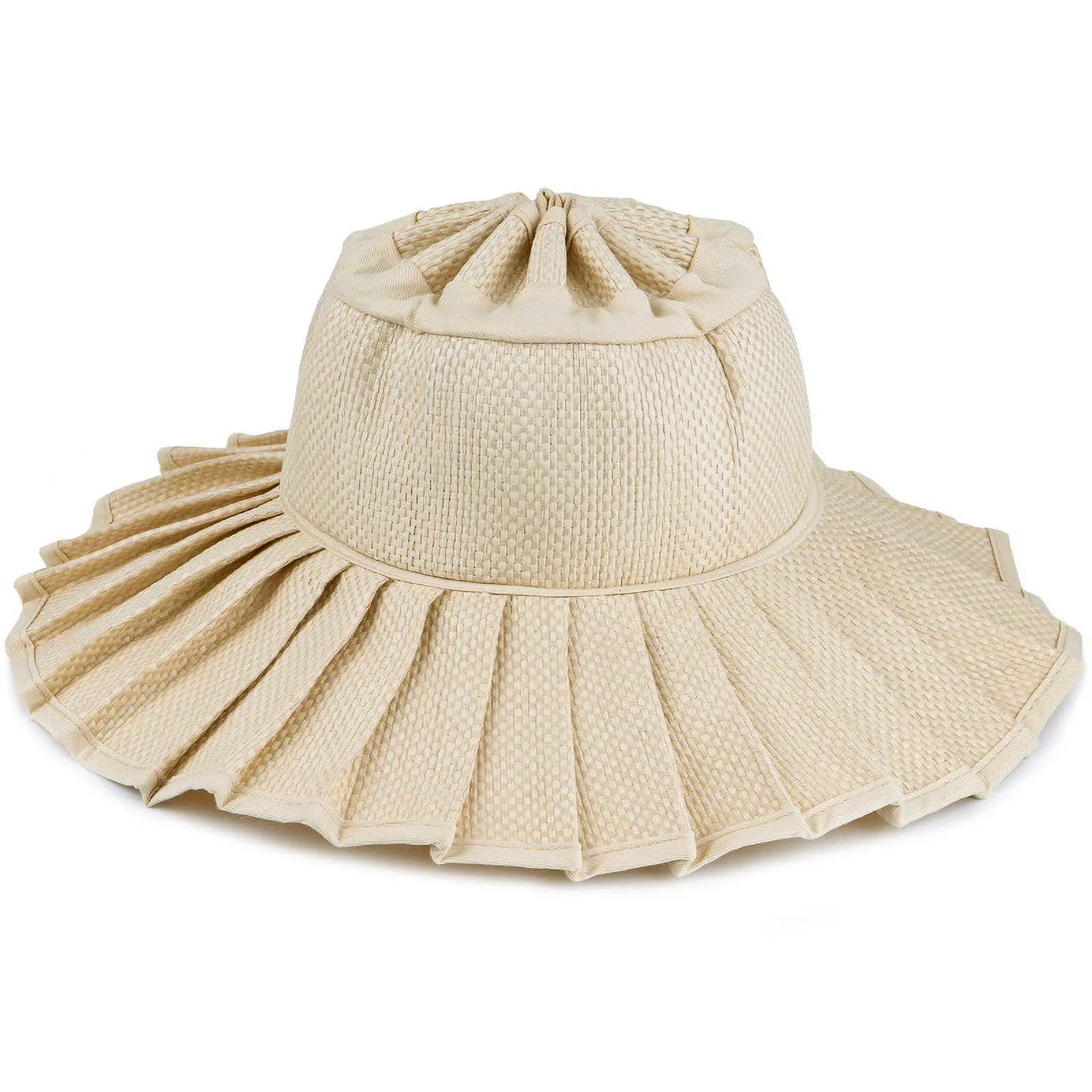 Handmade Foldable Straw Sun Hat for Women – UPF 50+ Wide Brim Pleated Beach Hat with Ponytail Opening & Packable Roll-Up Design