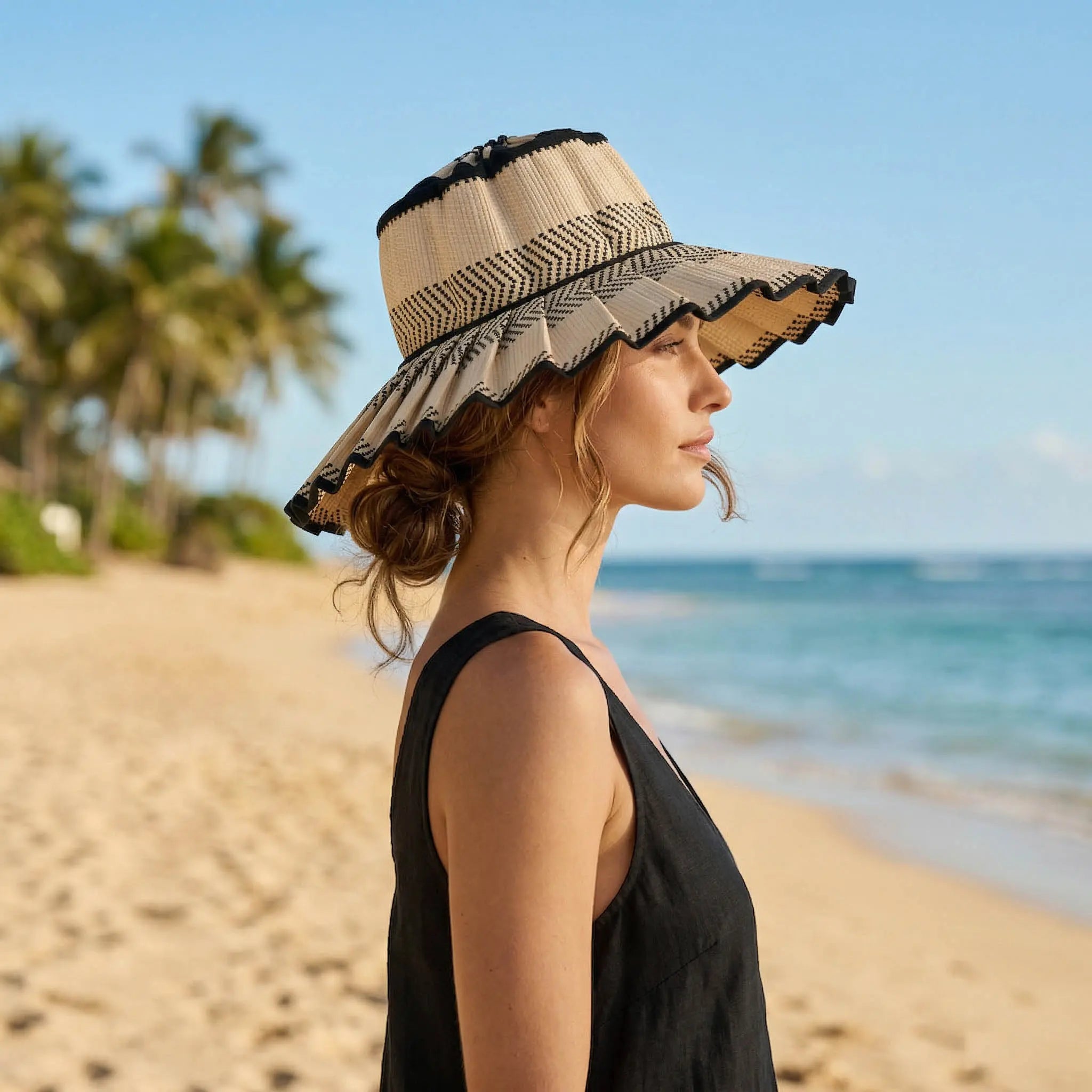 Handmade Foldable Straw Sun Hat for Women – UPF 50+ Wide Brim Pleated Beach Hat with Ponytail Opening & Packable Roll-Up Design
