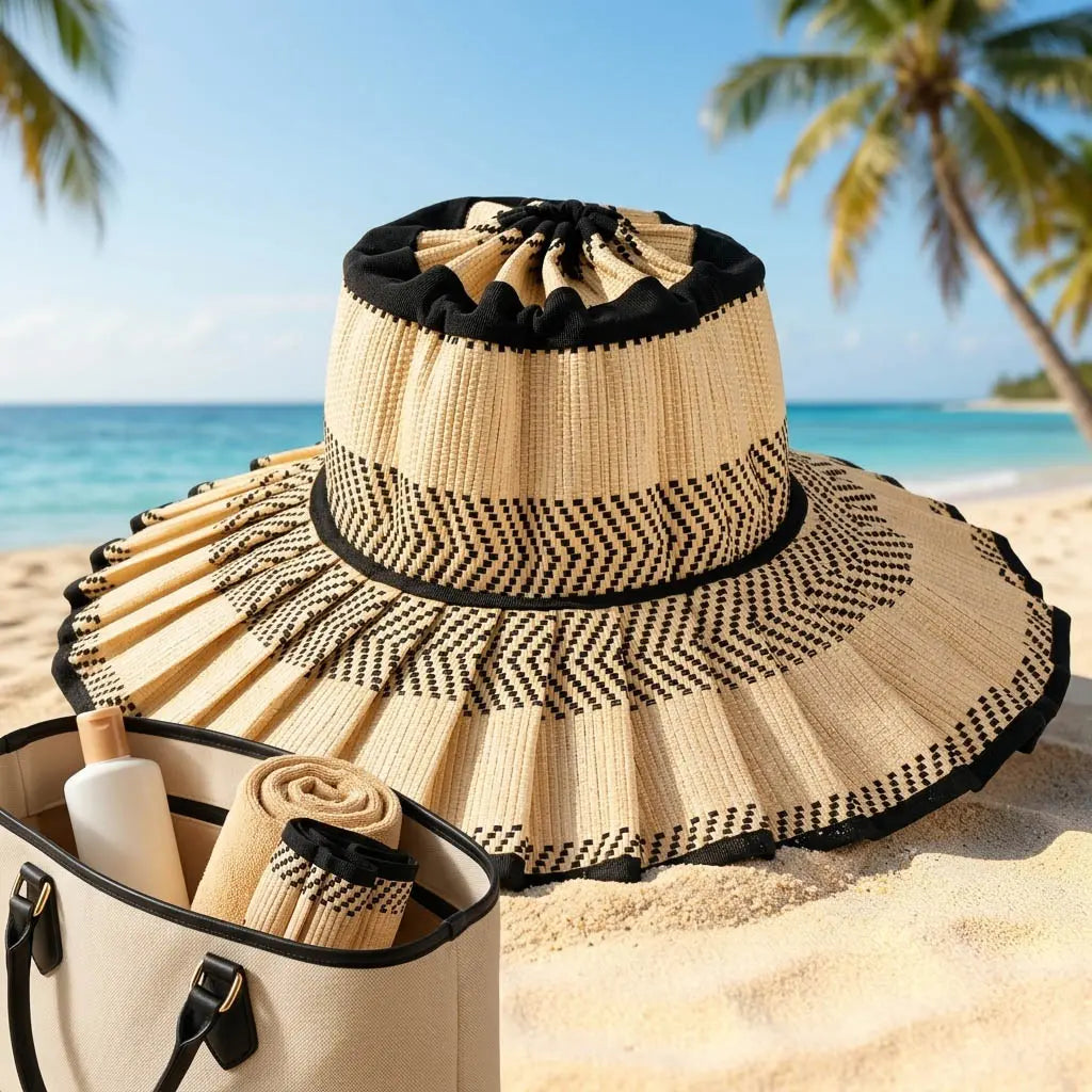 Handmade Foldable Straw Sun Hat for Women – UPF 50+ Wide Brim Pleated Beach Hat with Ponytail Opening & Packable Roll-Up Design