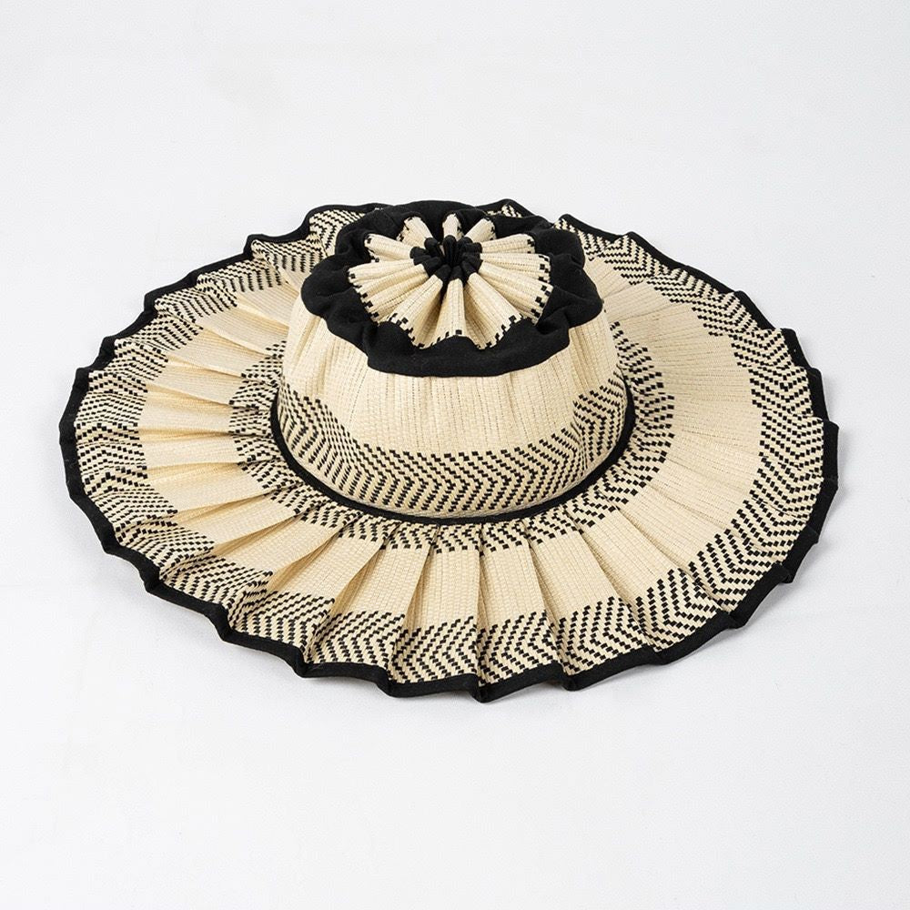 Handmade Foldable Straw Sun Hat for Women – UPF 50+ Wide Brim Pleated Beach Hat with Ponytail Opening & Packable Roll-Up Design