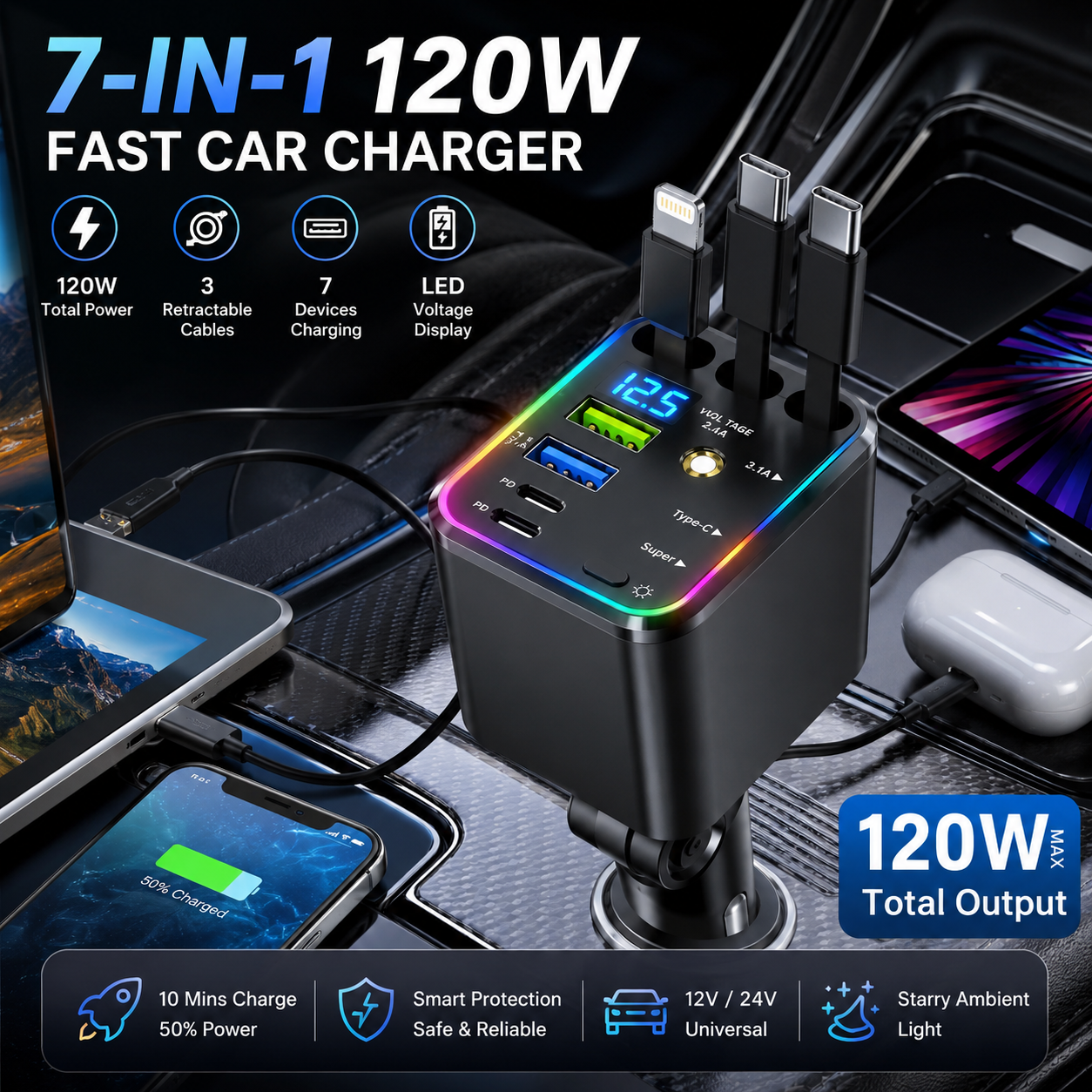 ⚡ 7-in-1 120W Retractable Car Charger – Fast Charging Power Hub with LED Voltage Display