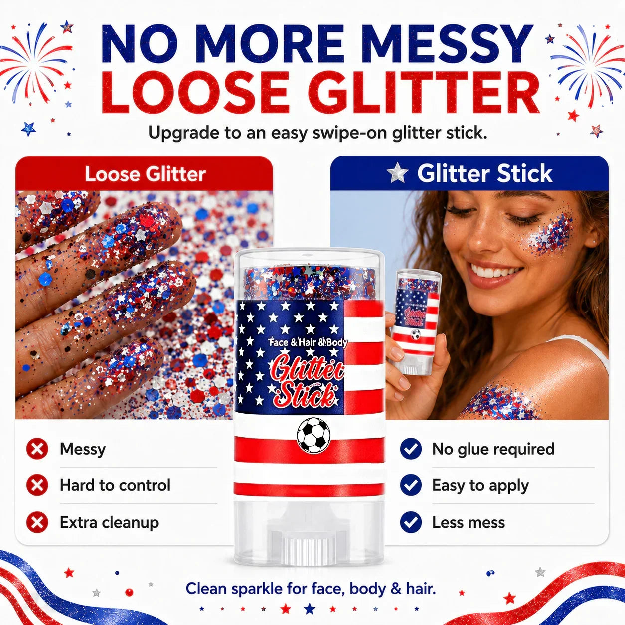 3-in-1 Patriotic Glow😍✨Red, White & Blue Glitter Body Stick