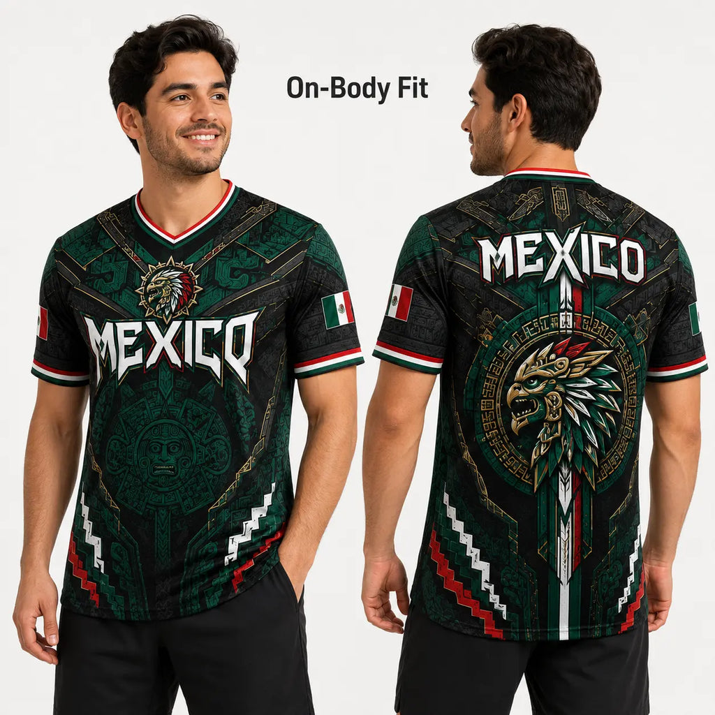 2026 New Mexico Eagle Warrior V-Neck Sports Jersey, Aztec Calendar Graphic Short Sleeve Shirt for Men, Green Black Soccer Fan Tee,summerwins