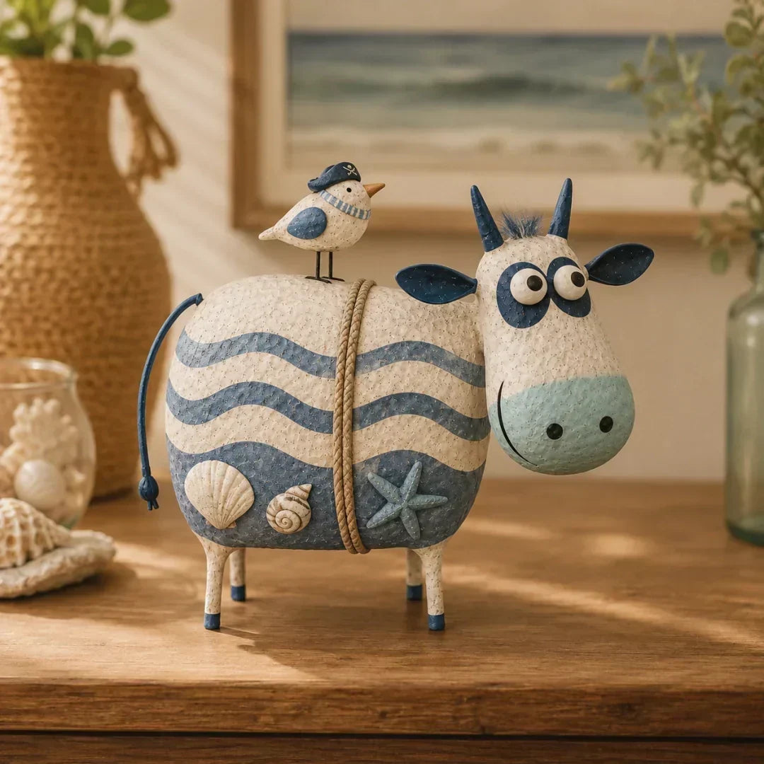 🐄Whimsical Cow & Bird Folk Art Figurine – Rustic Farmhouse Tabletop Decor Gift