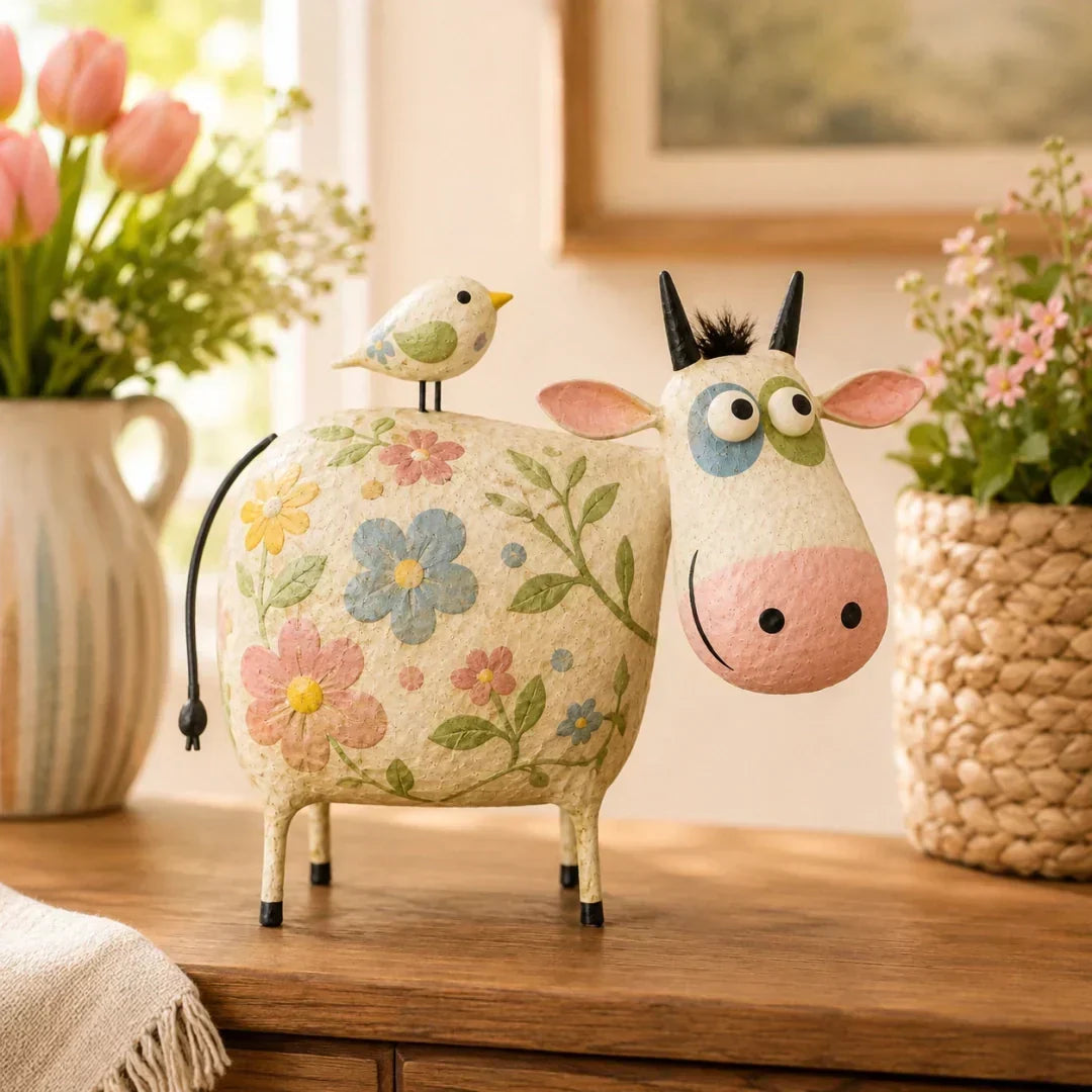 🐄Whimsical Cow & Bird Folk Art Figurine – Rustic Farmhouse Tabletop Decor Gift