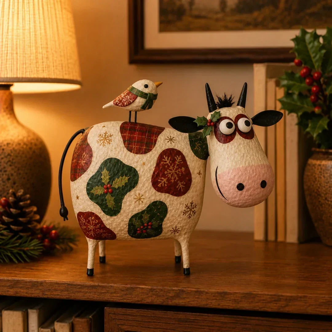 🐄Whimsical Cow & Bird Folk Art Figurine – Rustic Farmhouse Tabletop Decor Gift