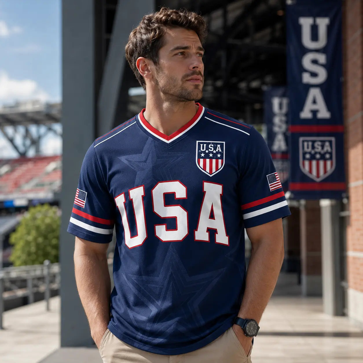 🇺🇸 USA Liberty Soccer Jersey – Patriotic American Flag V-Neck Football Shirt | Red White Blue Statue of Liberty Fan Jersey for Men & Women