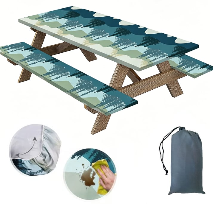 Stretch Tablecloth with Bench Covers & Carrying Bag - Waterproof Polyester Picnic Table Cover Set for Outdoor Patio Furniture
