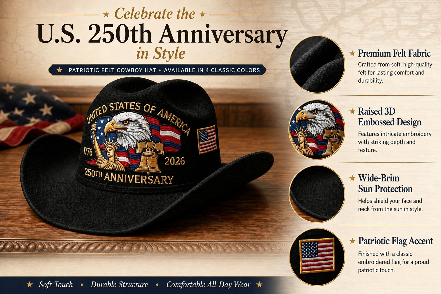🔥LAST DAY 49% OFF - 🤠Unisex Patriotic-Themed Felt Cowboy Hat🦅💙