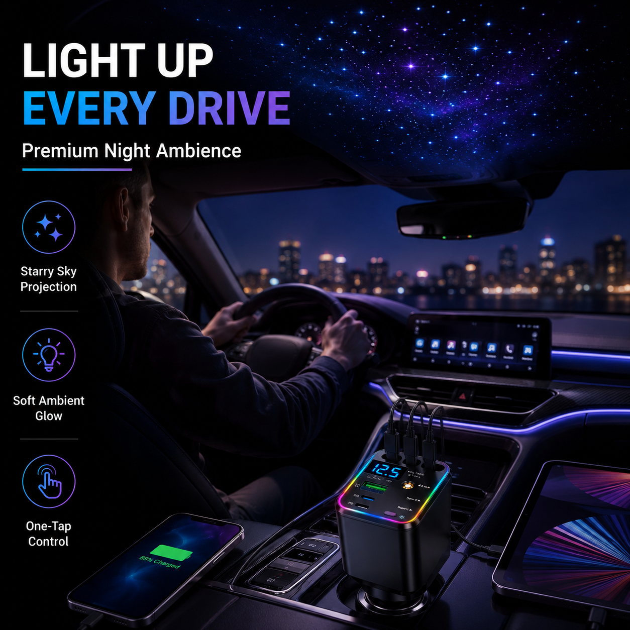 ⚡ 7-in-1 120W Retractable Car Charger – Fast Charging Power Hub with LED Voltage Display