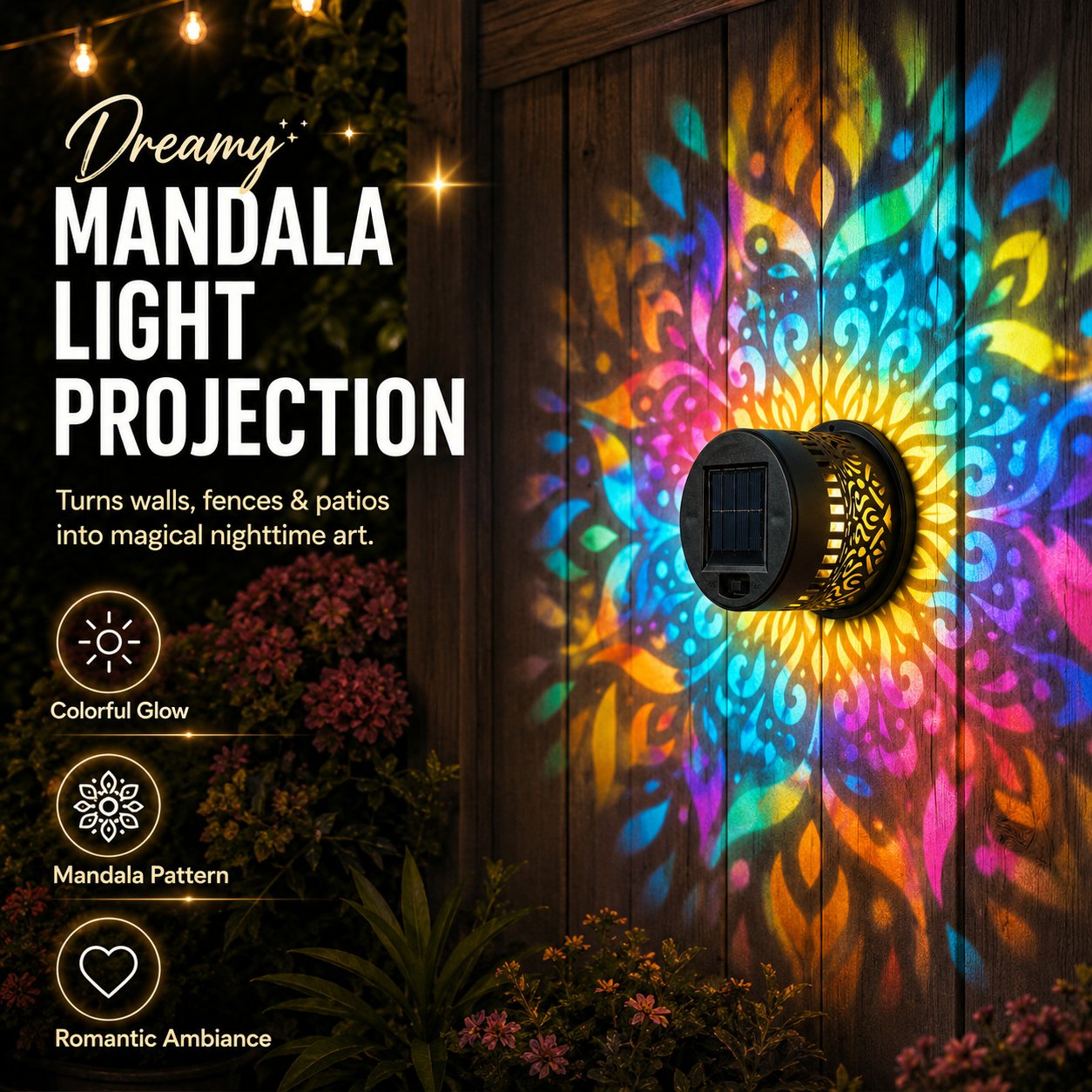 🌙✨ Solar Mandala Wall Light – Outdoor Garden Fence Projector Lamp with Auto ON/OFF Solar Sensor 🔆🏡