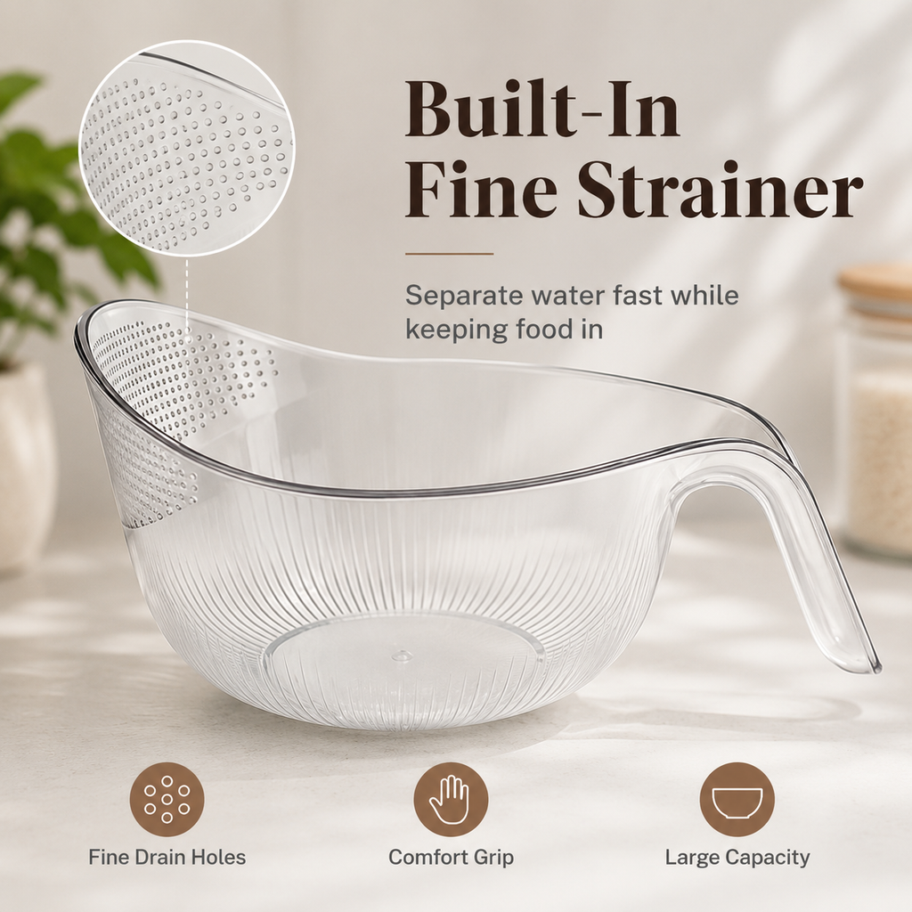 Multipurpose Rice Strainer Bowl – Easy Drain Kitchen Washing Bowl for Rice, Fruits & Vegetables