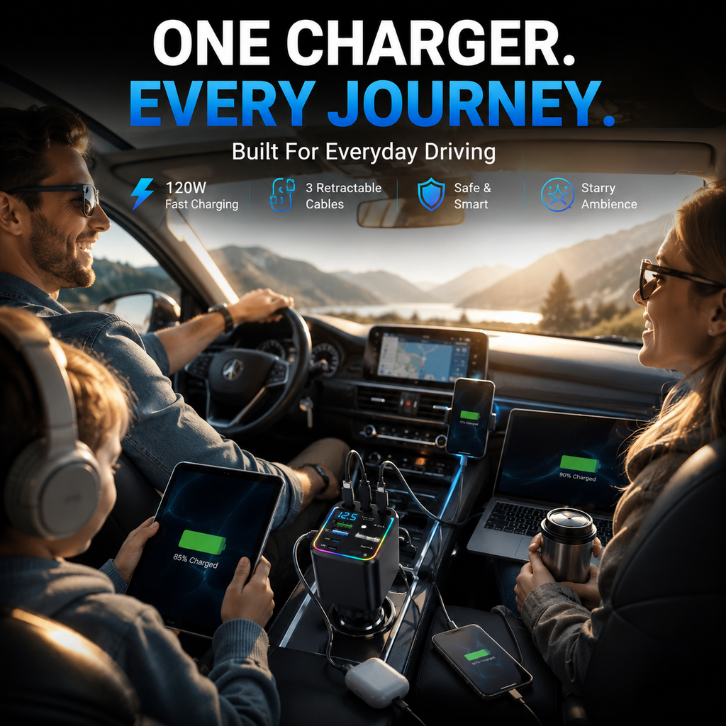 ⚡ 7-in-1 120W Retractable Car Charger – Fast Charging Power Hub with LED Voltage Display
