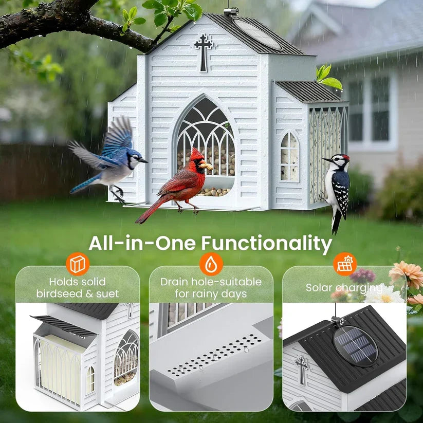 Church-Shaped Metal Bird Feeder with Solar Light
