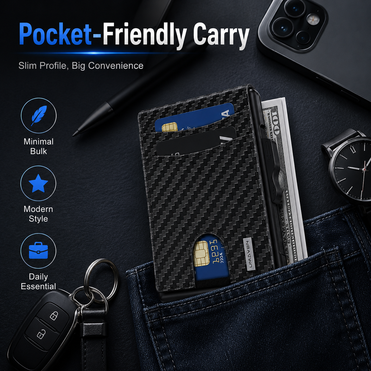 💼🔒Premium Aluminum RFID Blocking Minimalist Wallet for Men - Pop-Up Card Access, ID Window