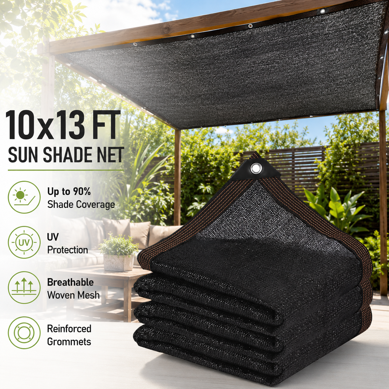 ☀️10x13 FT UV Resistant Sun Shade Net with Grommets, 70-90% Sun Block Breathable Mesh Canopy for Patio, Garden & Privacy Shade-TI