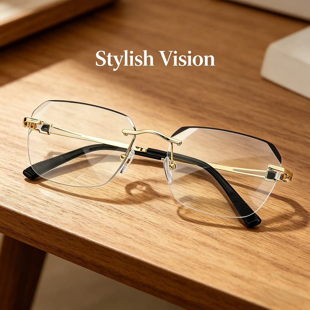 Diamond Edge Frameless Glasses – Blue Light Blocking Clear Readers for Men & Women. Lightweight Metal Temple Decor, Ideal for Gaming, Office, or Street Style.