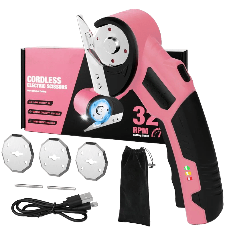 【MothersDayGift】Cordless Electric Scissors 4V – Rechargeable Heavy Duty Cutter with Safety Lock, LED Light, Long Battery Life & 2 Extra Blades | Easy-to-Use Wireless Shears for Cardboard, Packaging Yellow with Storage Bag