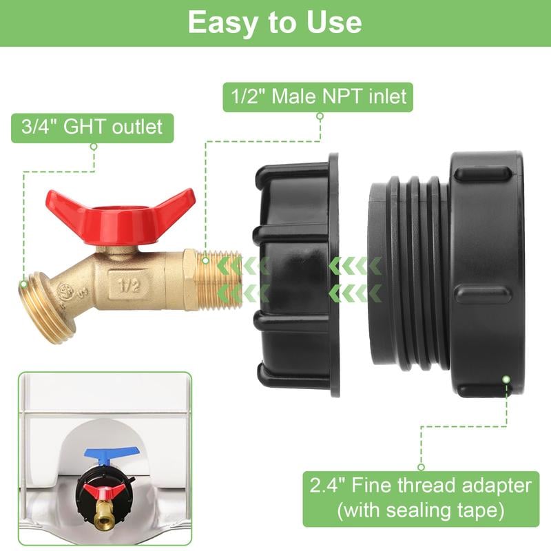 🛠️💧275-330 Gallon IBC Tote Tank Adapter - 2.44" Fine Thread, 1/2" NPT × 3/4" GHT Male Fittings with Garden Hose Quick Connector