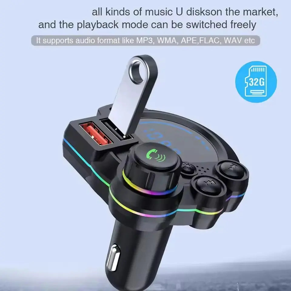 PD 30W Type-C Car Charger & Bluetooth 5.3 FM Transmitter, Wireless MP3 Player with Dual USB Ports, Bass Sound Enhancer, RGB Glowing Radio Adapter, Hands-Free Calls, Car Accessories & Road Trip Essentials, Compatible with 12V-24V