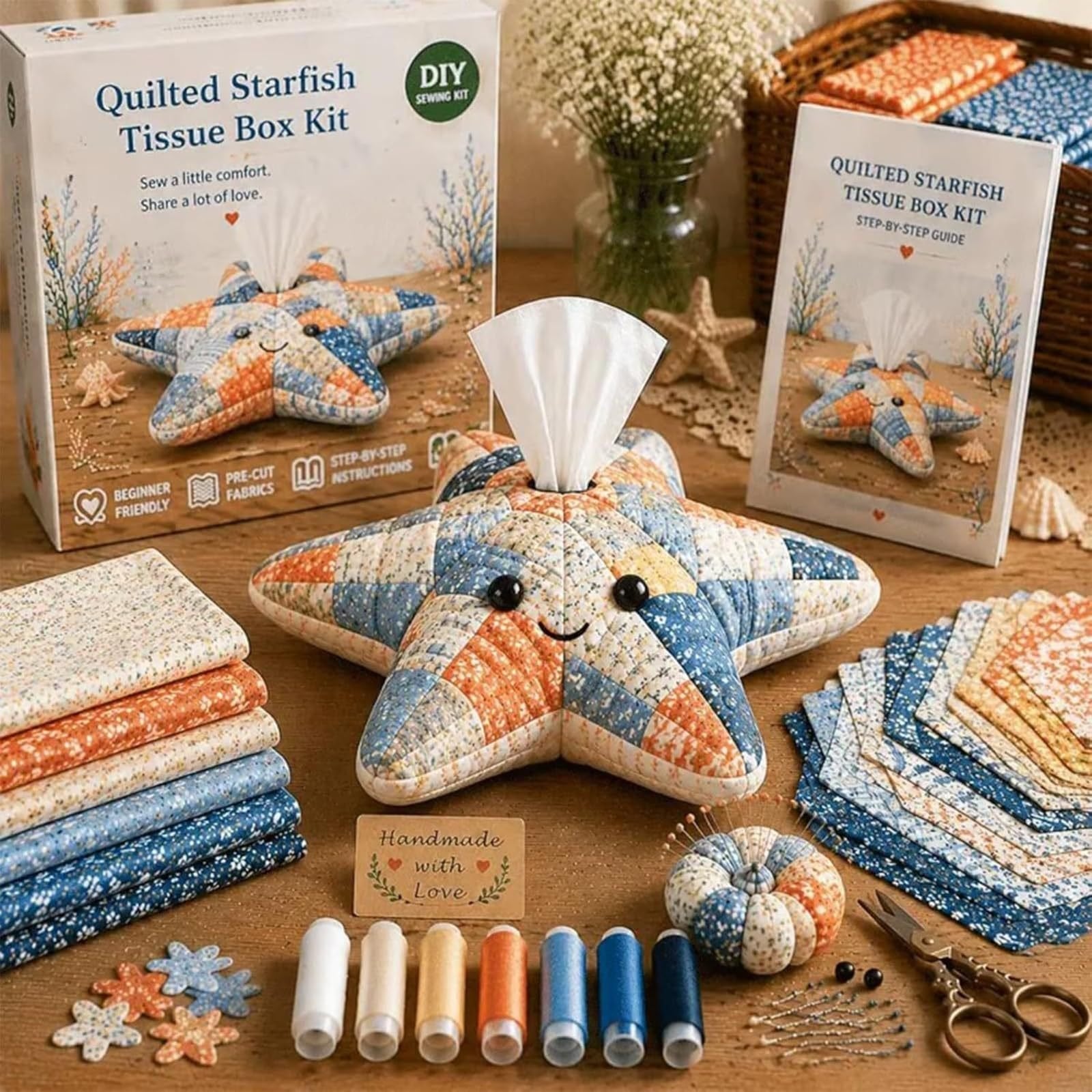 ✨Beginner-Friendly🧵Quilted sea Animal Tissue Box DIY Kit💖