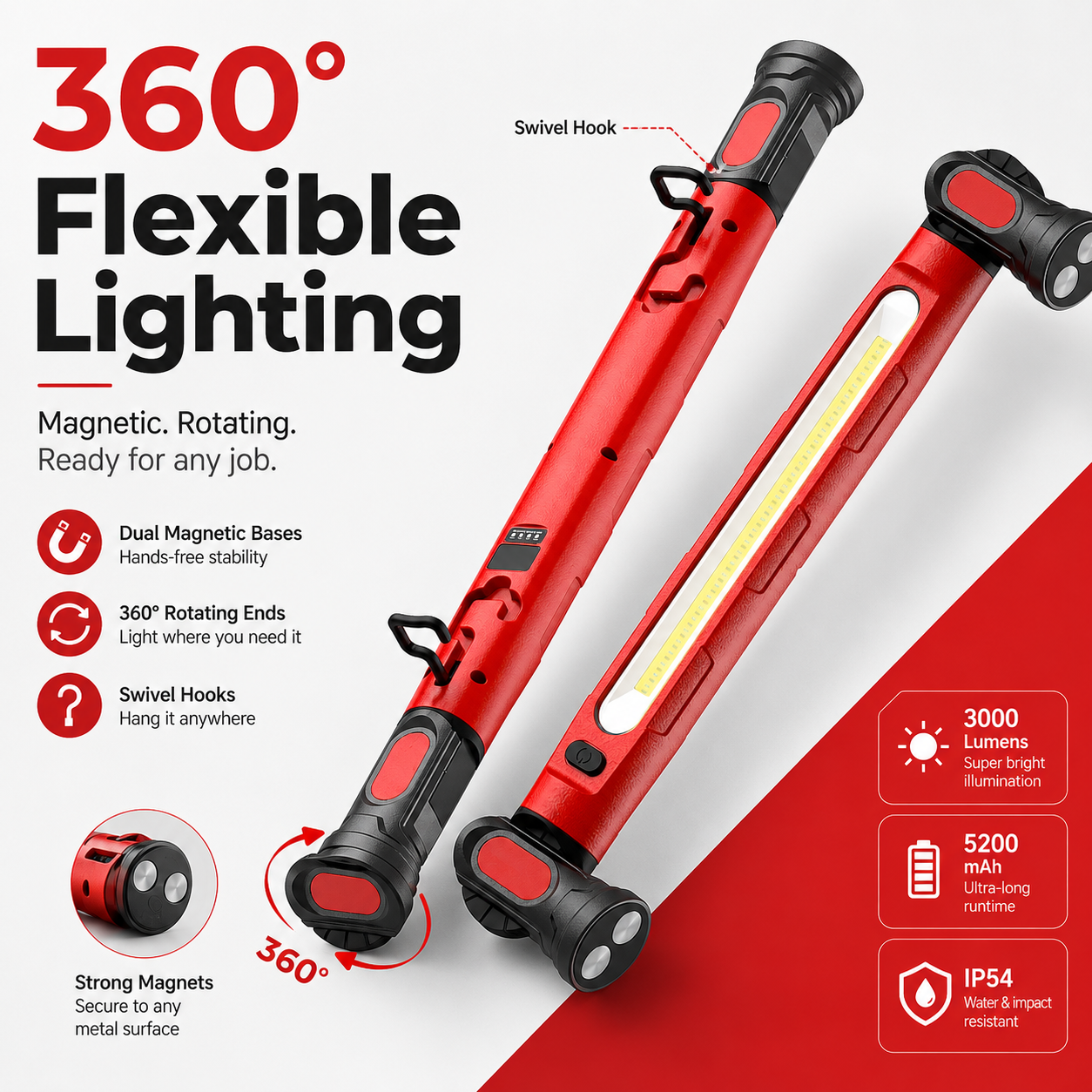 🔦 3000LM Magnetic LED Work Light – Rechargeable & Hands-Free