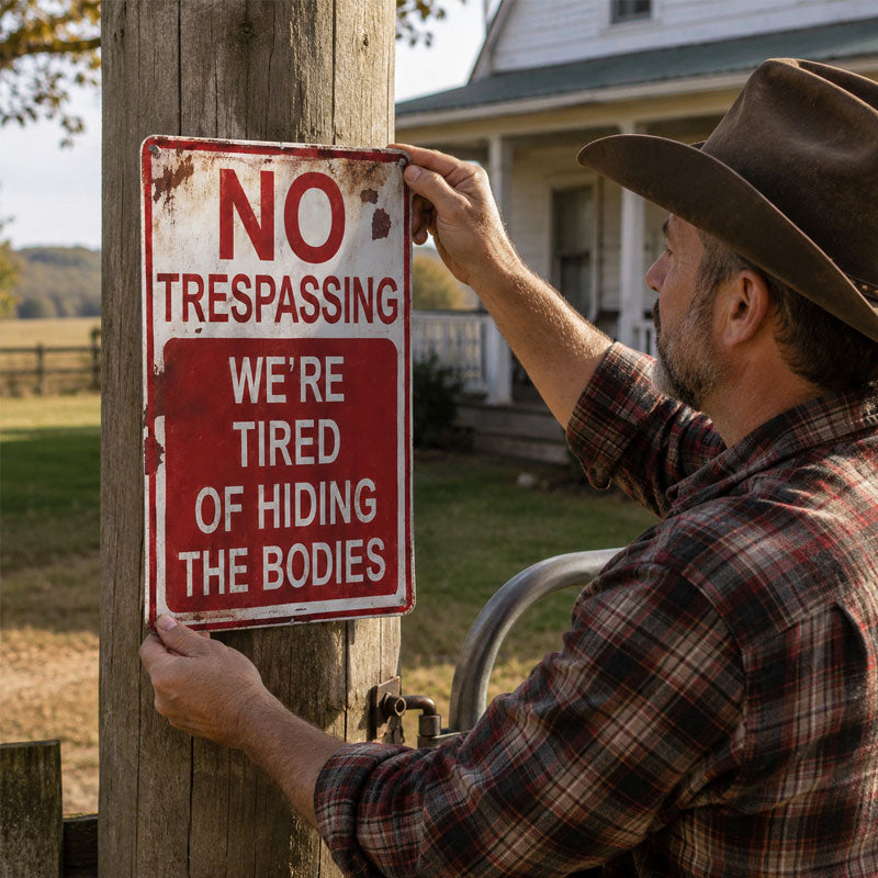 NO  TRESPASSING  WE'RE  TIRED  OF HIDING  THE BODIES