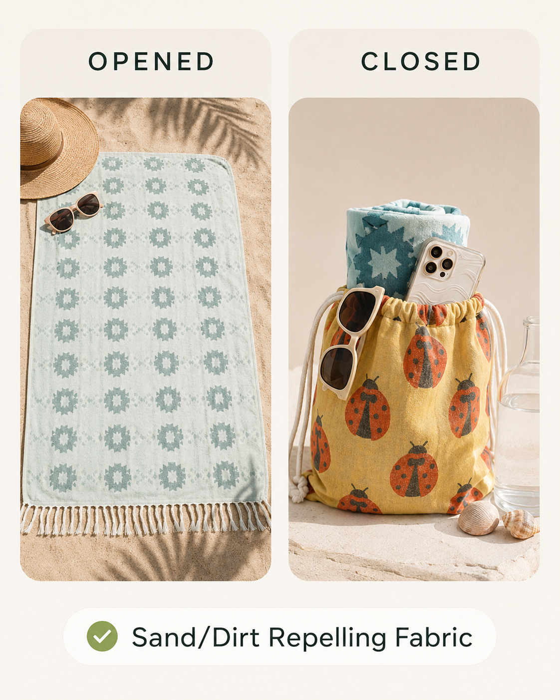 ⏰LAST DAY $20 OFF - 🏖️Sand Cloud 2-in-1 Turkish Cotton Towel Bag with Inner Zip Pocket & Sand-Repelling Fabric