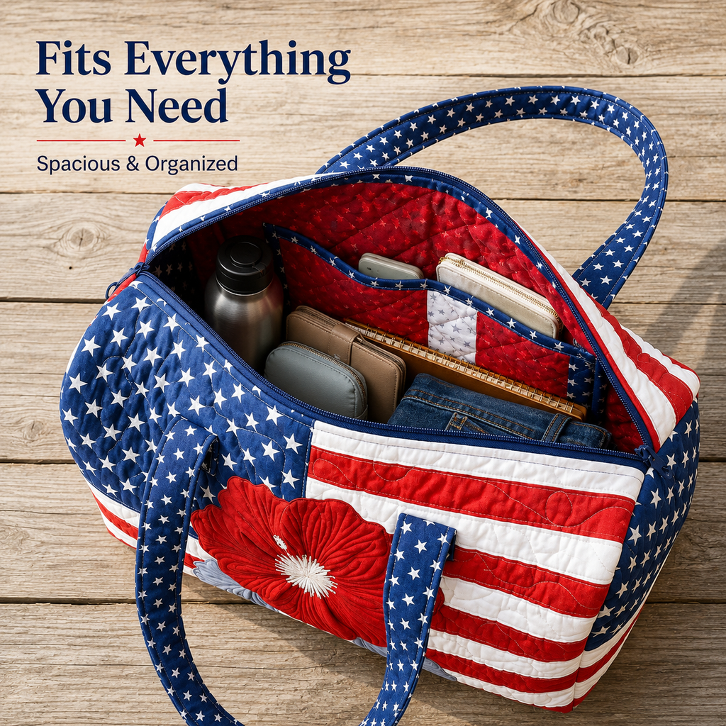 Patriotic Quilted Tote Bag | 3D Floral American Flag Travel Duffel