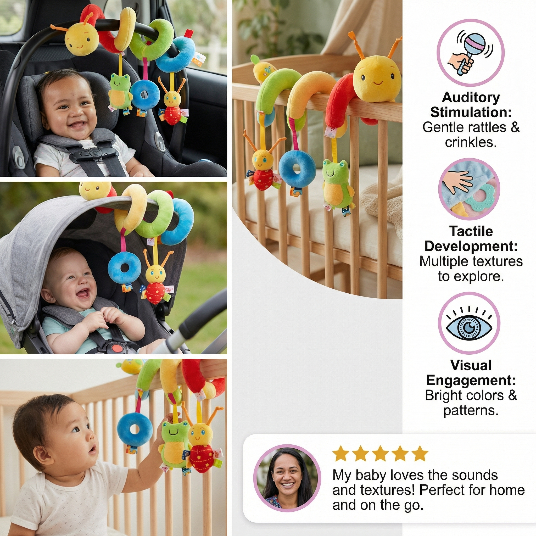 3-in-1 Caterpillar Rattle Toy for Home and On the Go