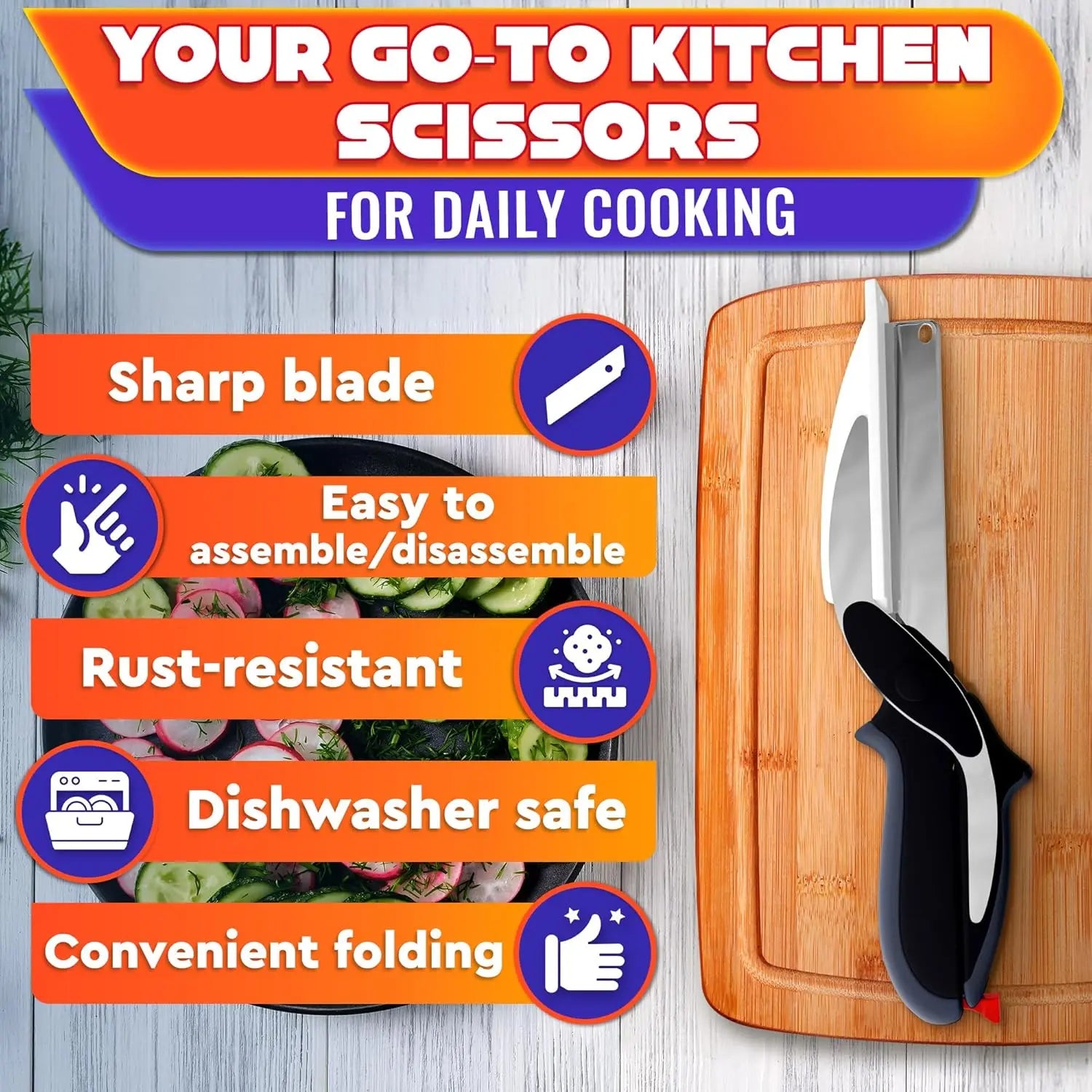 2 in 1 Kitchen Scissors– Stainless Steel Blade & Plastic Cutting Board Scissors