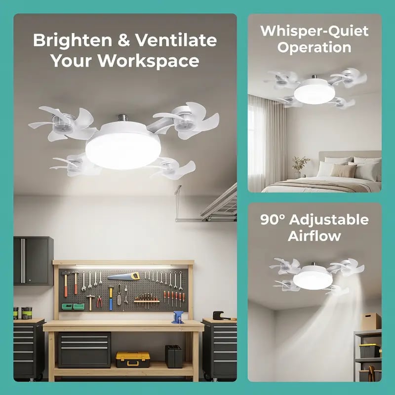 2026 New E27 Socket Ceiling Fan Light - 2-in-1 Silent LED Fan with Remote Control