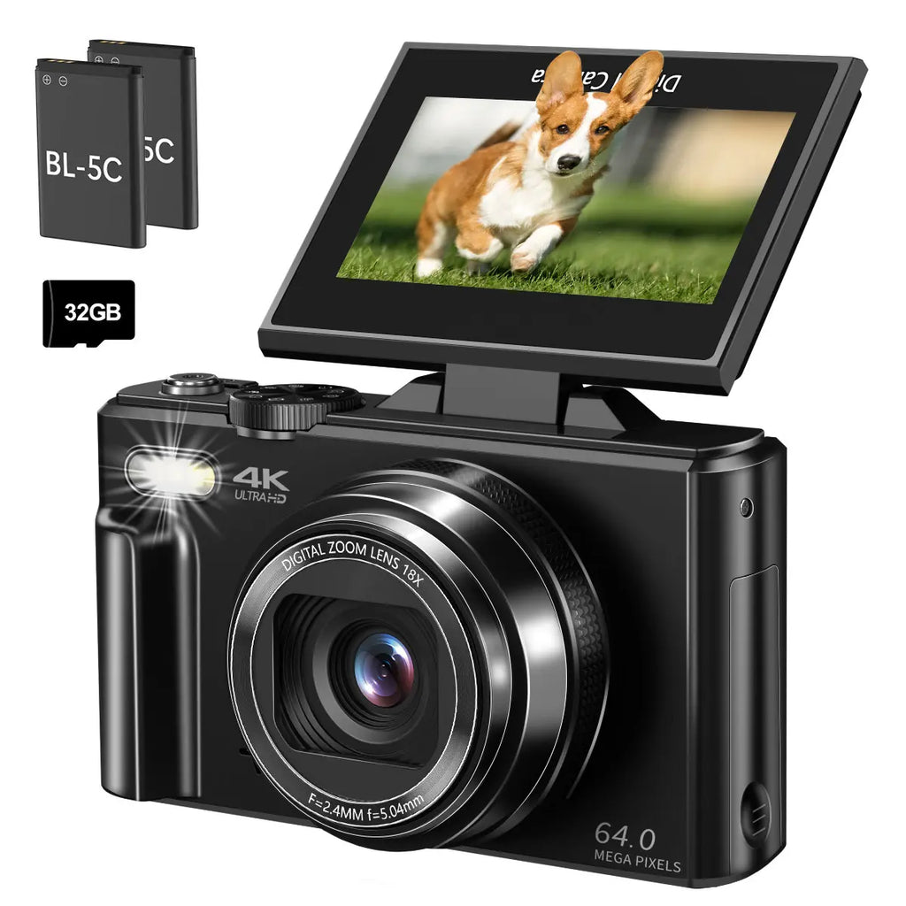 WIKICO WD08 4K Digital Camera, 64MP Vlogging Camera with 180° Flip Screen, 18X Digital Zoom, Compact Point and Shoot Camera, Portable Mini Camera for Teens, Beginners, Gift, 4 Colors Black/White/Green/Brown