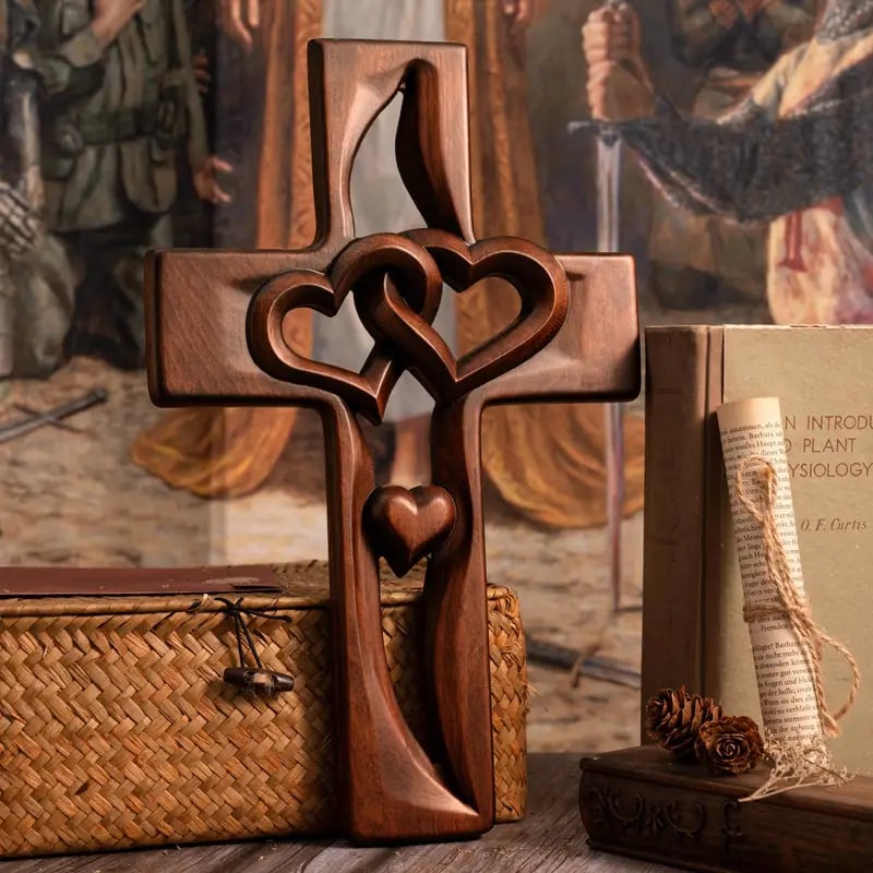 🔥 Last Day 49% OFF – Hand-Carved Intertwined Hearts Wooden Cross ❤️ Perfect Wedding & Anniversary Gift ✝️💞