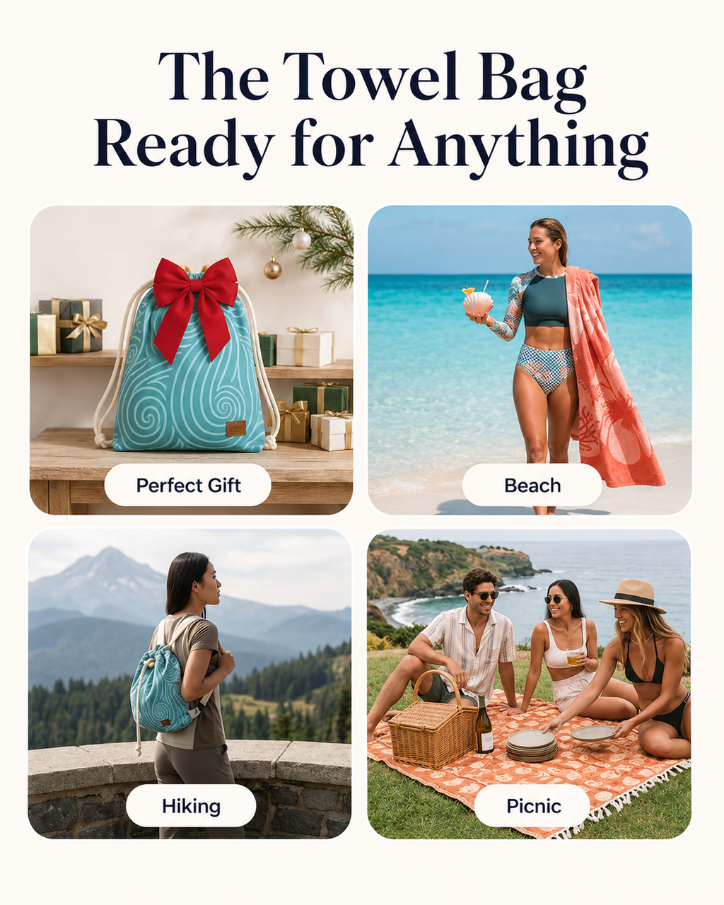 ⏰LAST DAY $20 OFF - 🏖️Sand Cloud 2-in-1 Turkish Cotton Towel Bag with Inner Zip Pocket & Sand-Repelling Fabric