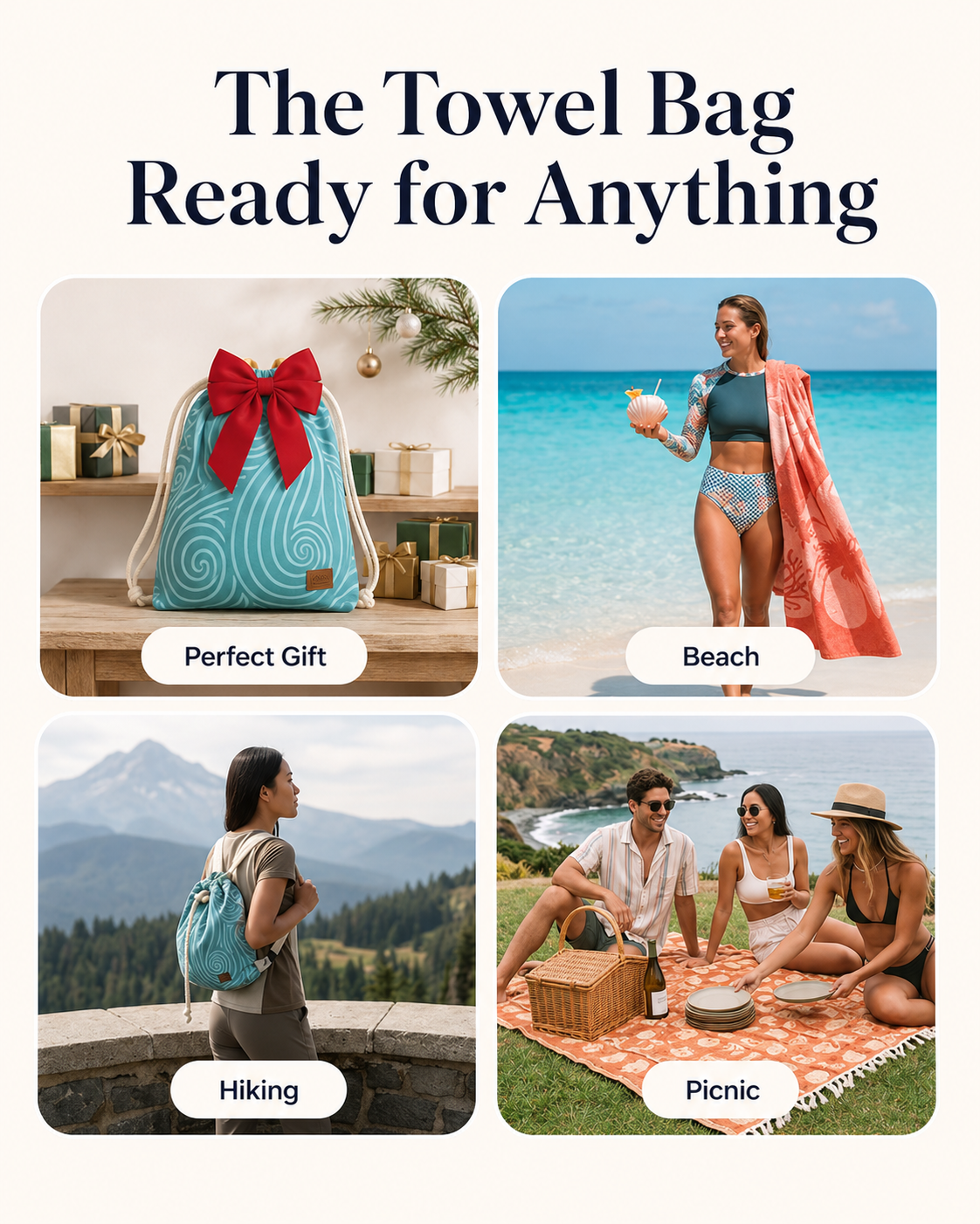 ⏰LAST DAY $20 OFF - 🏖️Sand Cloud 2-in-1 Turkish Cotton Towel Bag with Inner Zip Pocket & Sand-Repelling Fabric