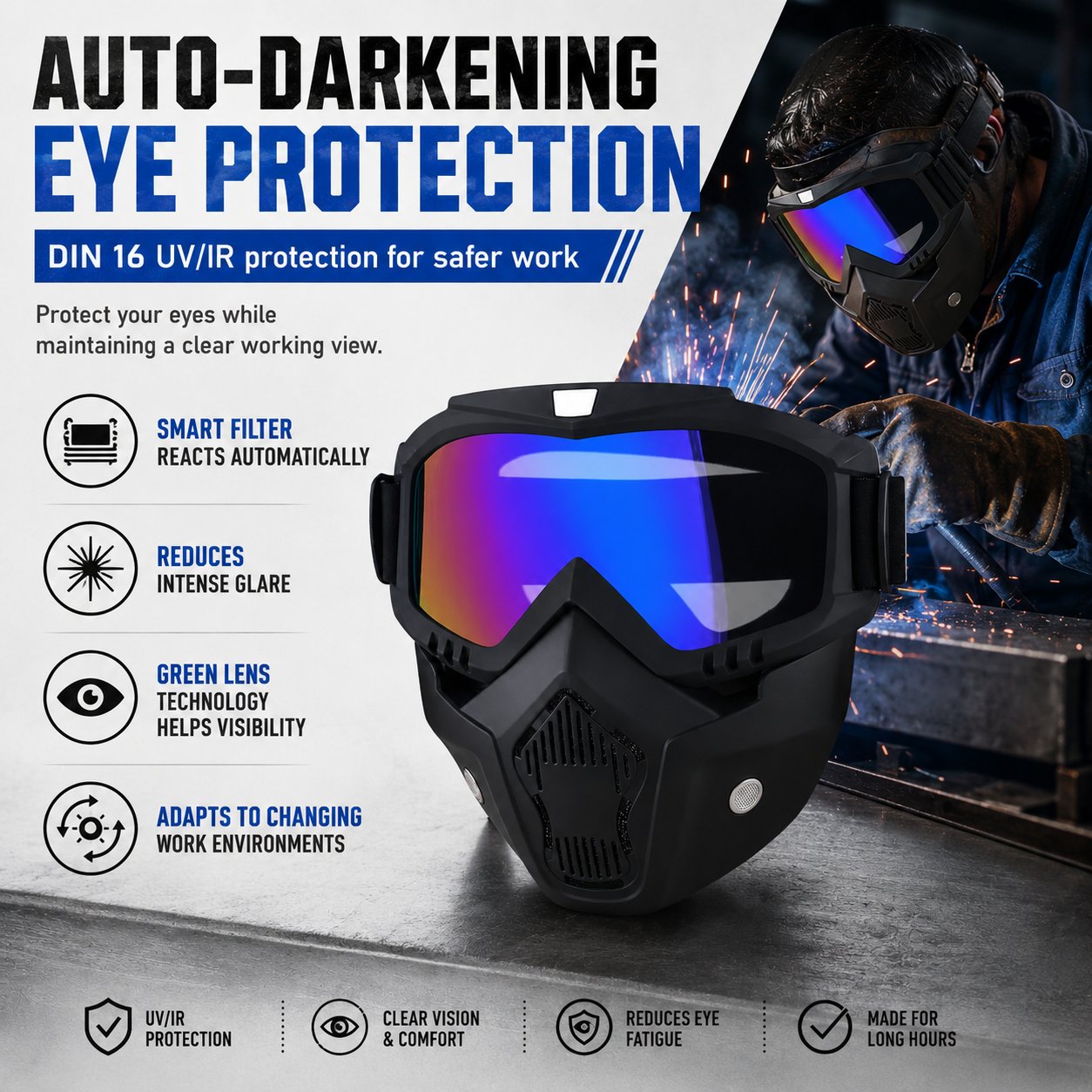 🤿Multi-Functional Protective Face Mask - Auto-Darkening Welding Goggles, Anti-Fog Skiing Shield & Dustproof Yard Work Gear - All-Terrain Safety Mask